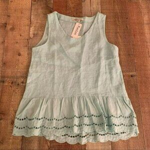Valentina Naldi womens size medium linen blue tank top with eyelet lace ruffle